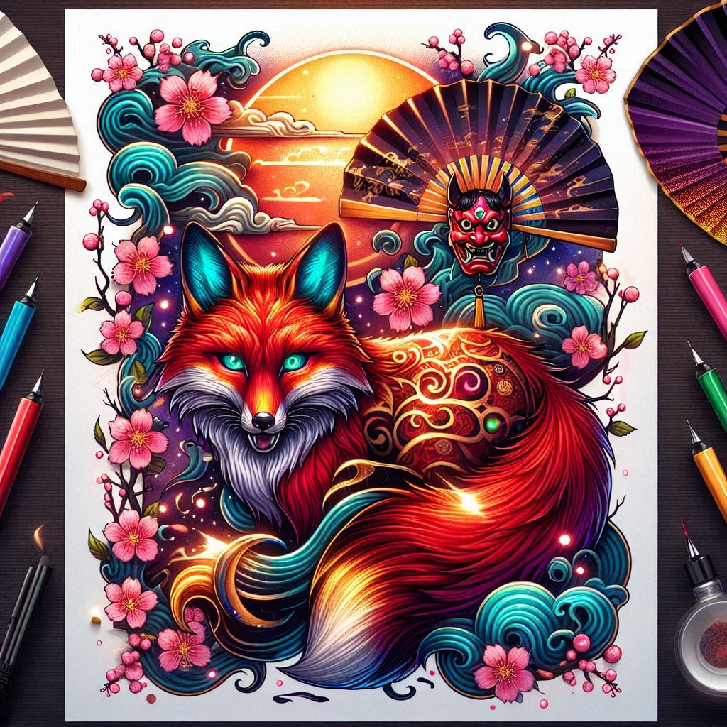 Colorful fox with turquoise eyes, fiery orange-red fur with gold scrollwork, surrounded by pink blossoms, teal waves, a sun setting behind, and a demon mask on a folding fan; full-color tattoo project; not ideal for cover-up.