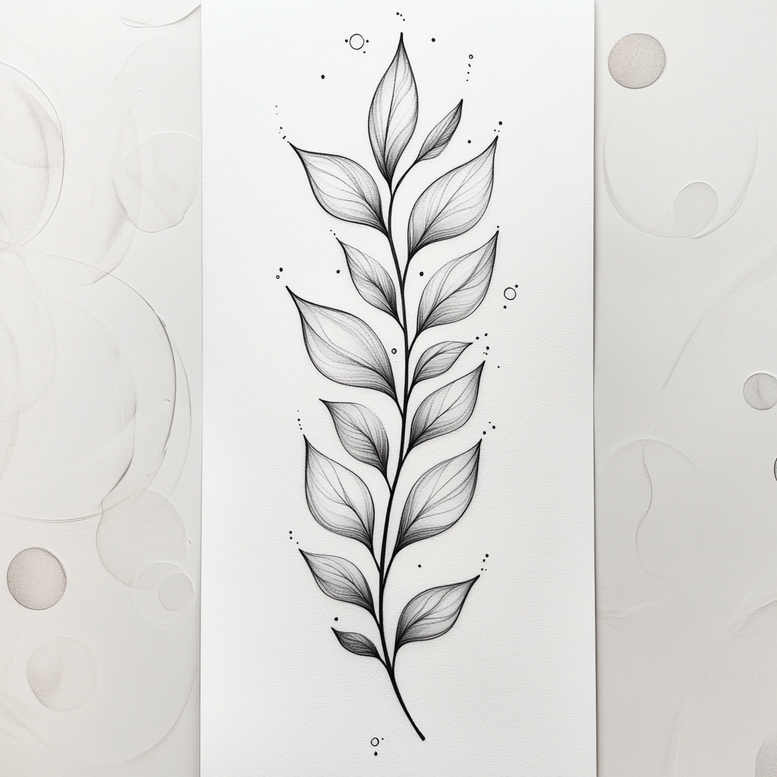 Branch with a vertical stem and multiple black and grey leaves; tattoo design idea; project concept; suitable for cover-up.