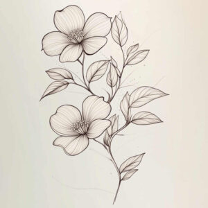 Black and grey line drawing of two blooming flowers with leaves and stems; tattoo design idea; not ideal for cover-up.