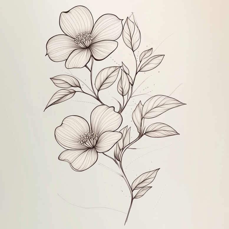 Black and grey line drawing of two blooming flowers with leaves and stems; tattoo design idea; not ideal for cover-up.