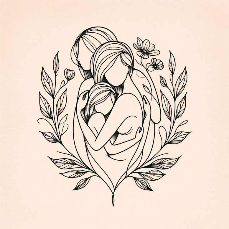 Two women embracing in black line art with leaves and blossoms on a soft pink background; tattoo design idea; cover-up suitability: not ideal.