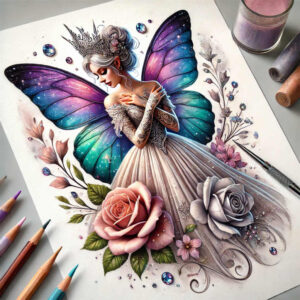 Fairy with colorful butterfly wings in purple and teal, crown, flowing gown, and pink-white roses; color tattoo design concept, project idea; not suitable for cover-up.