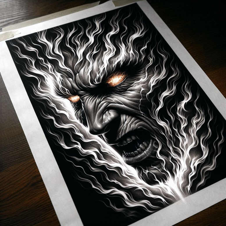 Face with orange eyes, flames around and white wisps in black-and-grey shading; AI-generated tattoo project; suitable for cover-up.