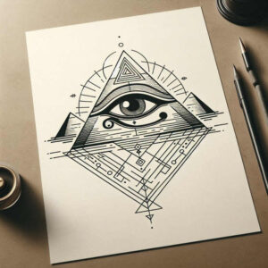 Eye inside a diamond-shaped geometric pyramid in black ink with fine linework; AI-generated tattoo project concept, not specifically for cover-up.