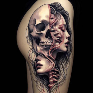 delicate-face – tattoo design ideas free ai generated – surrealism-shimmering-forms – for-upper-back – Gallery: faces-inkby-ai
