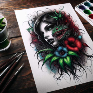 expressive-face – tattoo design ideas free ai generated – neotraditional-dynamic-composition – for-shin – Gallery: faces-inkby-ai