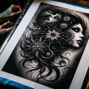 face-with-eyes – tattoo design ideas free ai generated – surrealism-dreamscape – for-outer-arm – Gallery: faces-inkby-ai