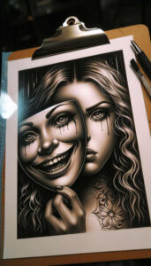 face-with-halo – tattoo design ideas free ai generated – neotraditional-bold-highlights – for-shoulder – Gallery: faces-inkby-ai
