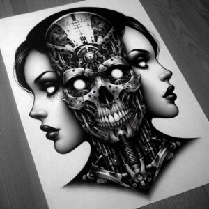 geometric-face – tattoo design ideas free ai generated – neotraditional-subtle-tone – for-lower-thigh – Gallery: faces-inkby-ai