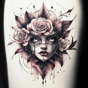 illuminated-face – tattoo design ideas free ai generated – neotraditional-dynamic-color – for-neck – Gallery: faces-inkby-ai
