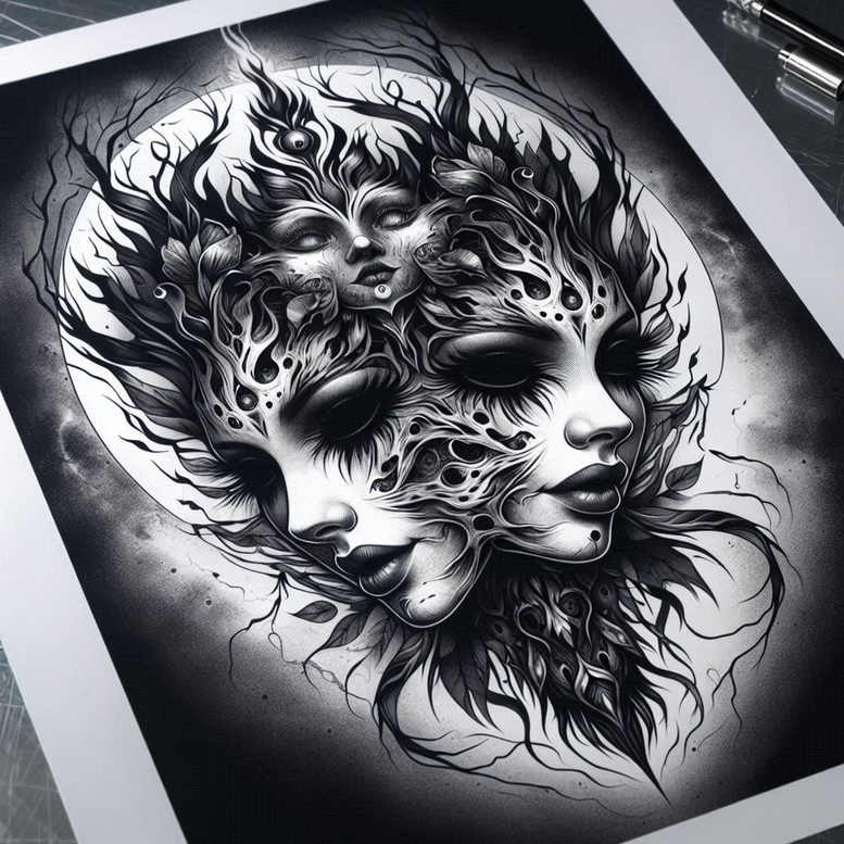 ornamented-face – tattoo design ideas free ai generated – neotraditional-artistic-contrast – for-palm – Gallery: faces-inkby-ai