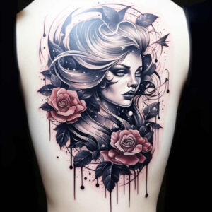 outlined-face – tattoo design ideas free ai generated – neotraditional-artful-color – for-sternum – Gallery: faces-inkby-ai