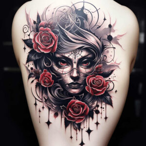 spiritual-face – tattoo design ideas free ai generated – neotraditional-bold-motifs – for-upper-shoulder – Gallery: faces-inkby-ai
