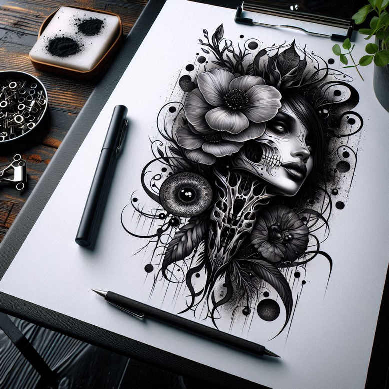 faces tattoo design ideas Surrealism abstract forms delicate for lower leg