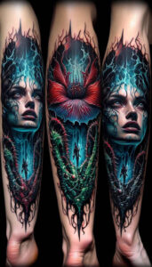 faces tattoo design ideas Surrealism translucent layers detailed texture shows courage