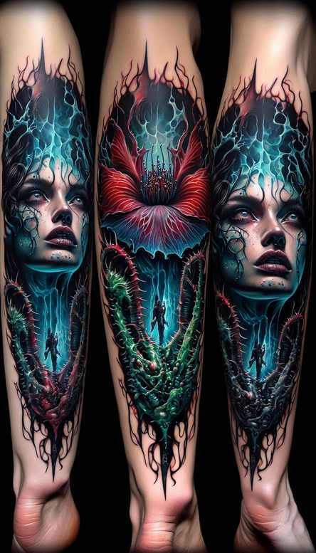 faces tattoo design ideas Surrealism translucent layers detailed texture shows courage