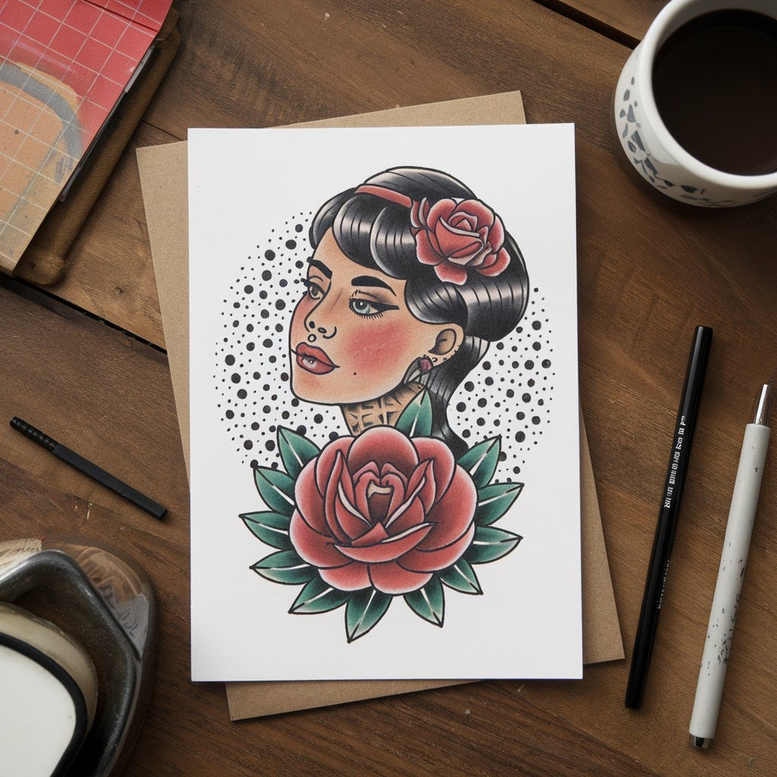 Woman head illustration with red rose in hair and leaves on white paper; cup, pen, marker, envelope, notebook visible; pattern present; color ink; AI-generated tattoo project; not cover-up.