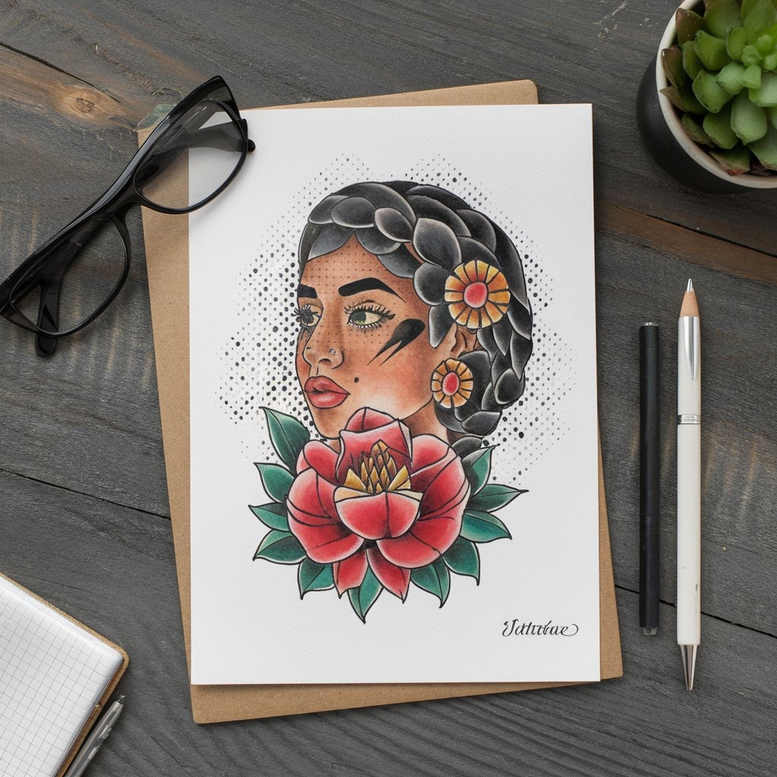 Colorful tattoo design of a woman's head with dark hair, floral crown, and a large red flower; leaves, dotwork halo; glasses, pencil, pen, plant, notebook and folder visible; project idea; not for cover-up.