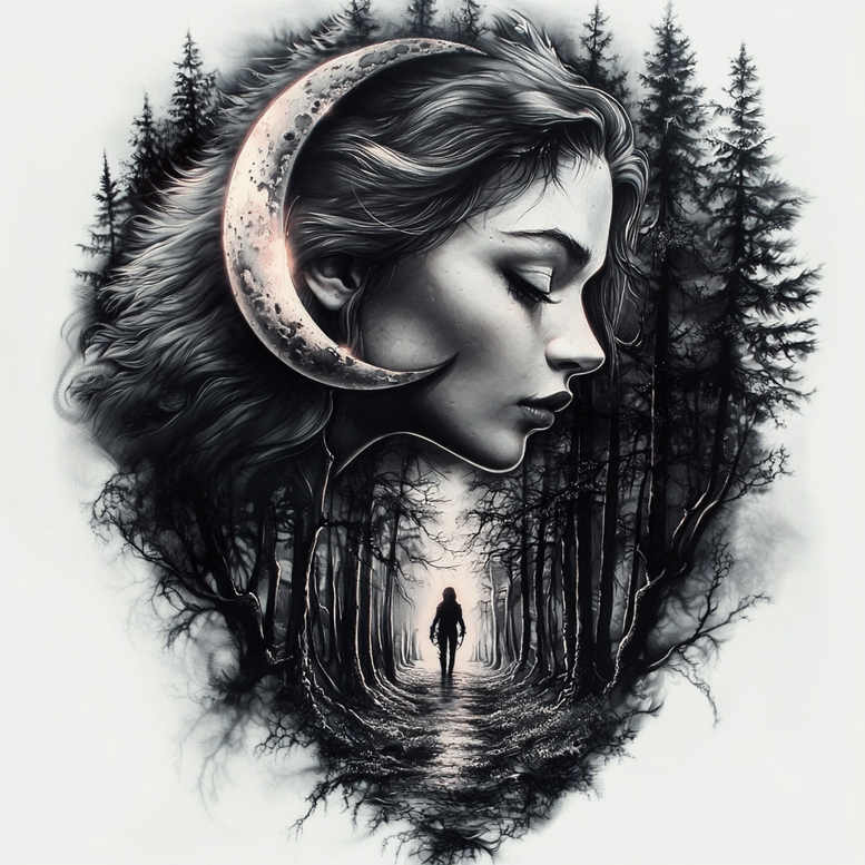 Woman profile, crescent moon, forest, path, and figure in black-and-grey; tattoo design idea for cover-up; pattern.