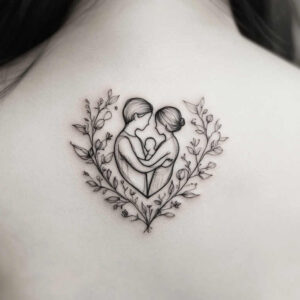 Black and grey tattoo project: two parents cradling a baby inside a heart formed by their arms, surrounded by vines and leaves; not ideal for cover-up.