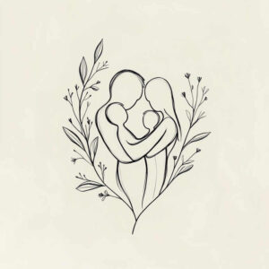 Family embracing child with branches and leaves, black and grey line art; idea; not ideal for cover-up.