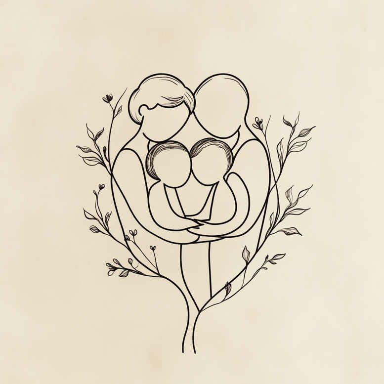 Line drawing of three figures embracing inside a heart-shaped silhouette formed by intertwining branches and leaves; black ink on beige background; tattoo design project in black and grey, suitable for a cover-up.