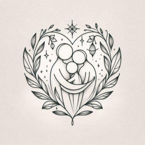Black-and-grey fine-line tattoo design showing two parent figures embracing a child inside a heart-shaped frame, surrounded by leaves; project; not designed as a cover-up.