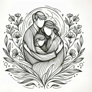 Black and grey line drawing of a family embracing, framed by leaves and floral pattern; tattoo design idea in monochrome; suitable for a project.