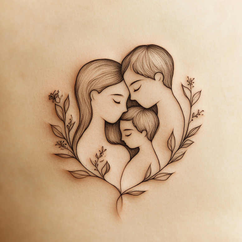 Woman, man, and child in black and grey fine-line tattoo forming a heart, with leafy pattern; project idea, not a dedicated cover-up.