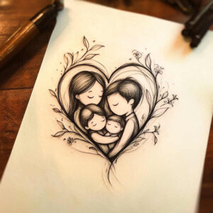 Black and grey tattoo project idea: family portrait inside a heart with leaves and vines, depicting mother, father, and child.