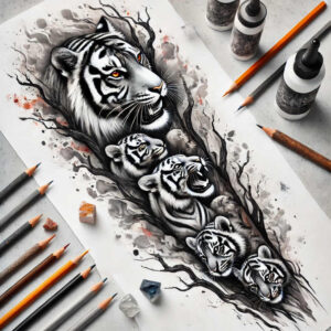 Tiger and cubs on a twisting branch in black and grey with watercolor splashes; tattoo design idea, suitable for cover-up.