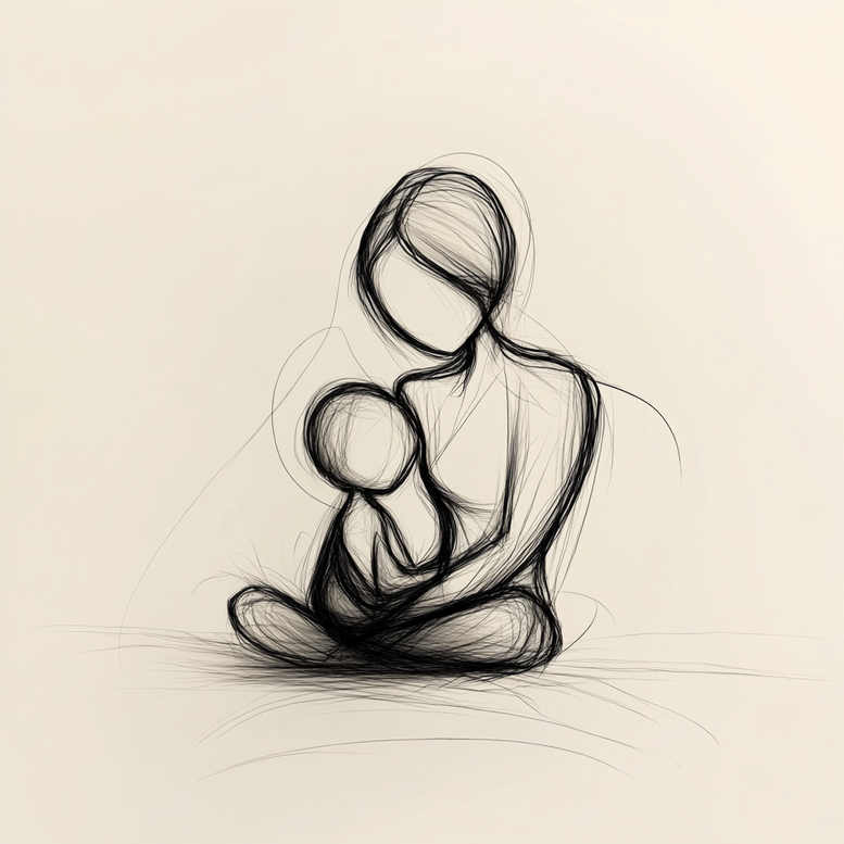 Mother and baby in a black and grey line drawing; AI-generated tattoo project concept, not optimized for cover-up.