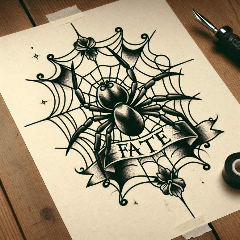 Spider, web, banner with FATE, and flower accents in black and grey; tattoo project; not a cover-up.
