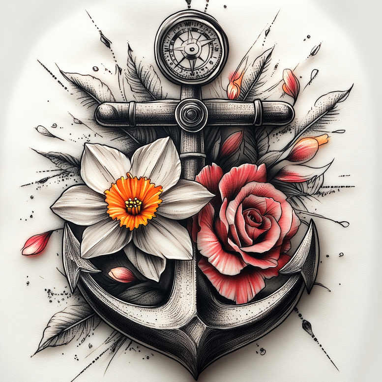 Anchor with white daffodil, pink rose, and surrounding leaves and compass gauge in black and grey shading; tattoo design concept, suitable for cover-up.
