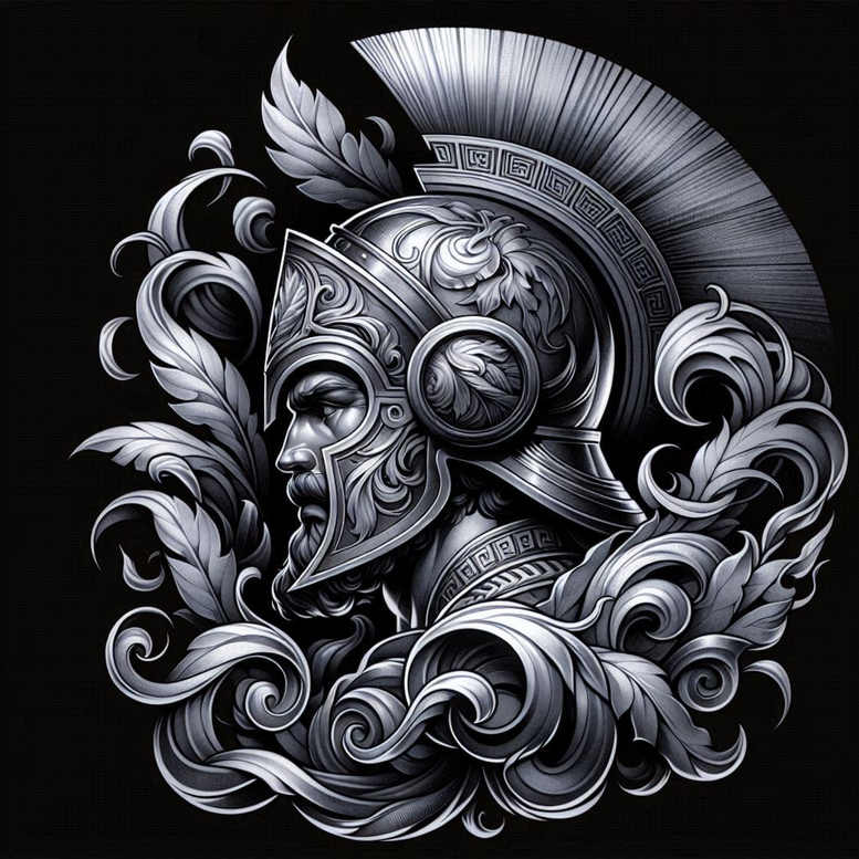 Helmet with ornate faceguard, plume crest, and swirling leaves in black and grey on a dark background; tattoo project idea, cover-up suitable.
