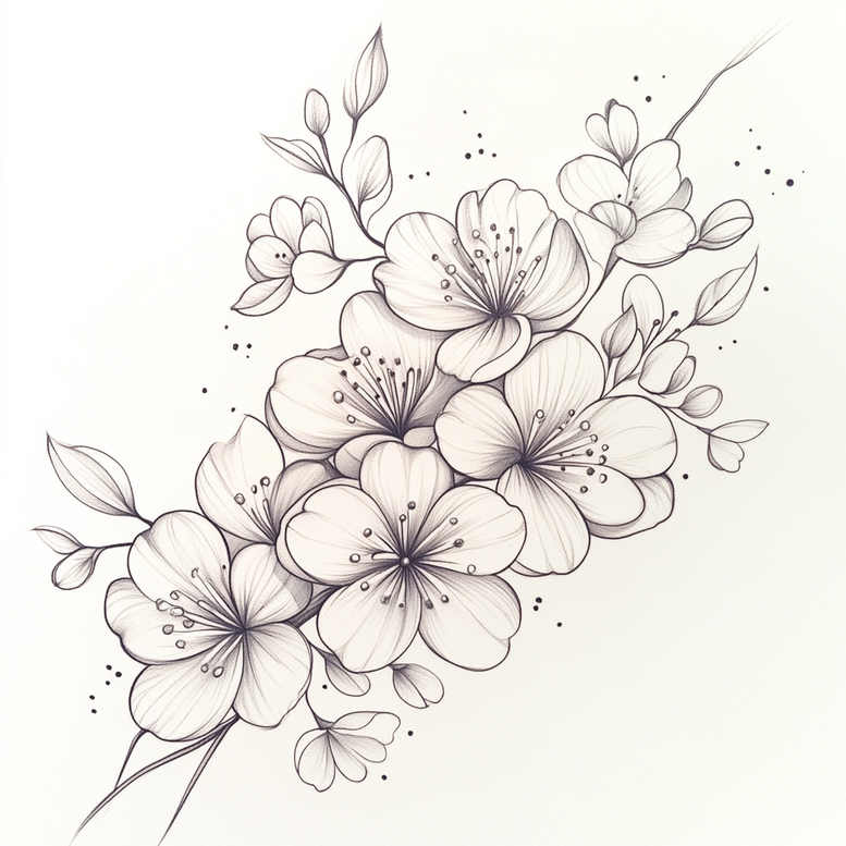 Blossoms, branches and leaves rendered in black and grey linework; tattoo design idea, suitable for a cover-up.
