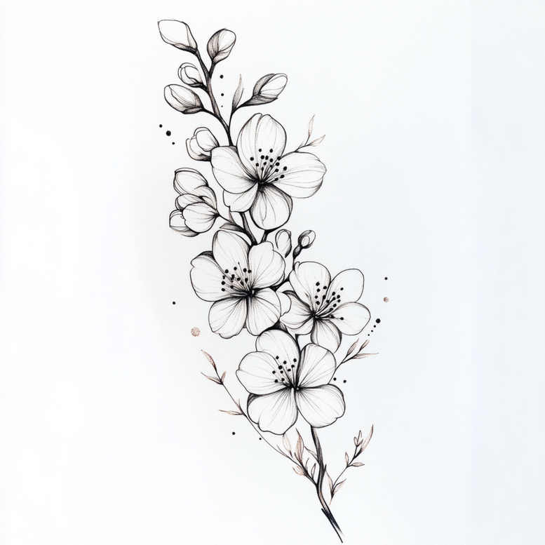 Branch with multiple blossoms on a slender stem in black and grey ink on white background; flowers and leaves visible; tattoo design idea; AI-generated project; not intended for cover-up.