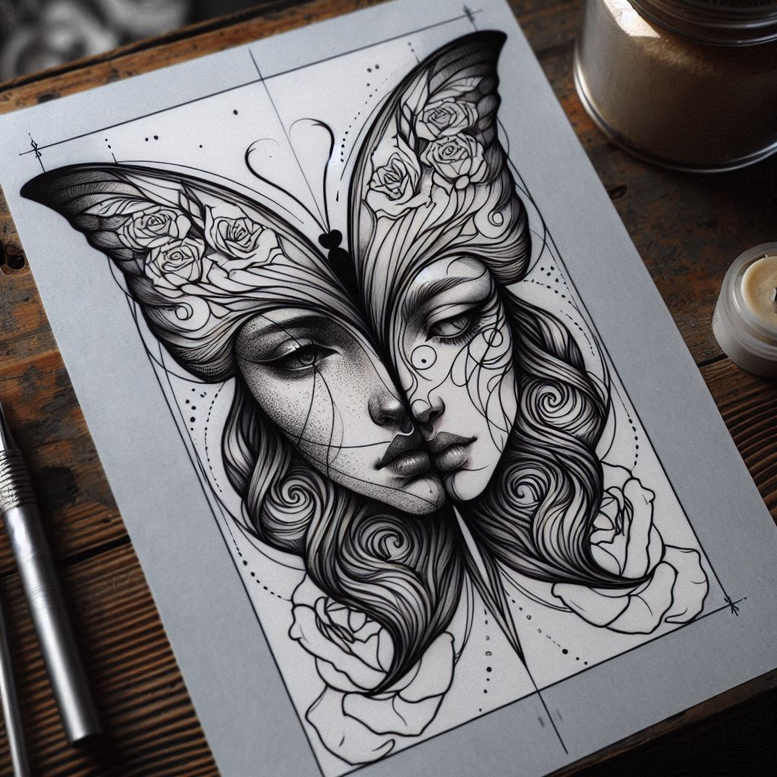 Black and grey tattoo design of a butterfly fused with a woman's face and roses; fine-line detailing; a project idea, not optimized for cover-up.