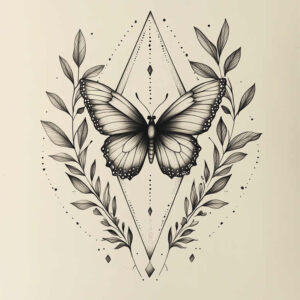 Butterfly, diamond, and leaves in black and grey ink; AI-generated tattoo project; not specifically for cover-up.