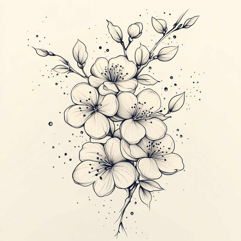 Black and grey line art branch with blossoms, buds, and leaves; tattoo design idea, AI-generated; suitable for a cover-up.