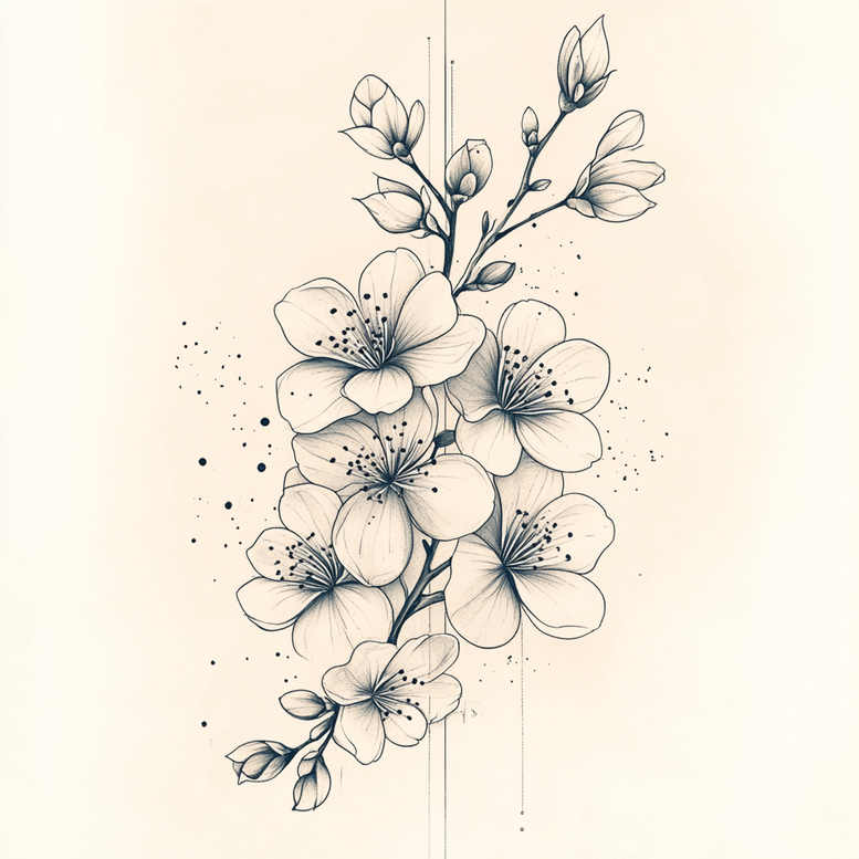 Black and grey fine-line illustration of a vertical cherry blossom branch with blooming flowers and buds; AI-generated tattoo project idea; suitable for cover-up: no.
