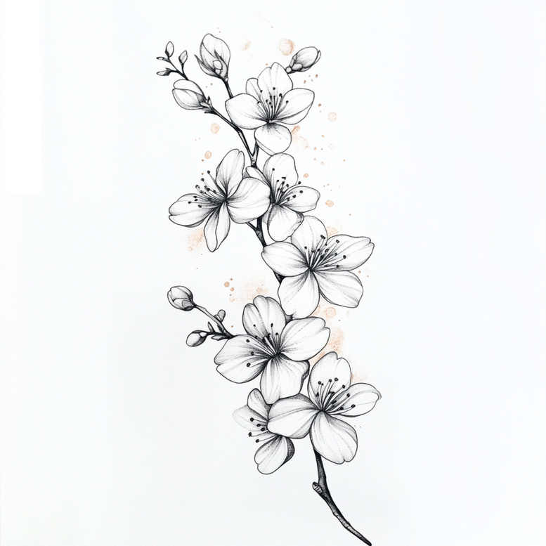 Branch and flower on black ink linework; black and grey tattoo design idea with peach watercolor accents; not ideal for cover-up.