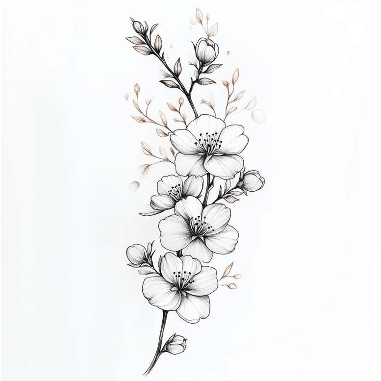 Black and grey cherry blossom line drawing with a slender stem, multiple blossoms, buds, and leaves; tattoo project idea; suitable for cover-up.