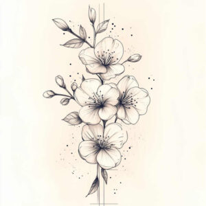 Black and grey linework illustration of cherry blossoms on a slender stem with leaves; tattoo project idea, not a cover-up.