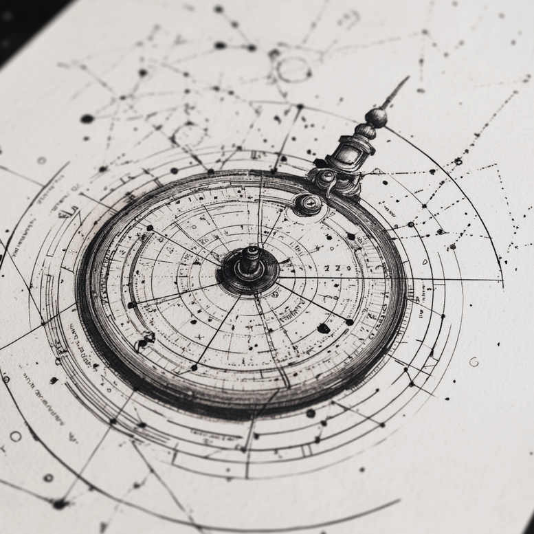 Dial, ring, knob, and chain in black and grey linework; pocket-watch style compass with intricate rings; tattoo design idea, suitable for a cover-up.