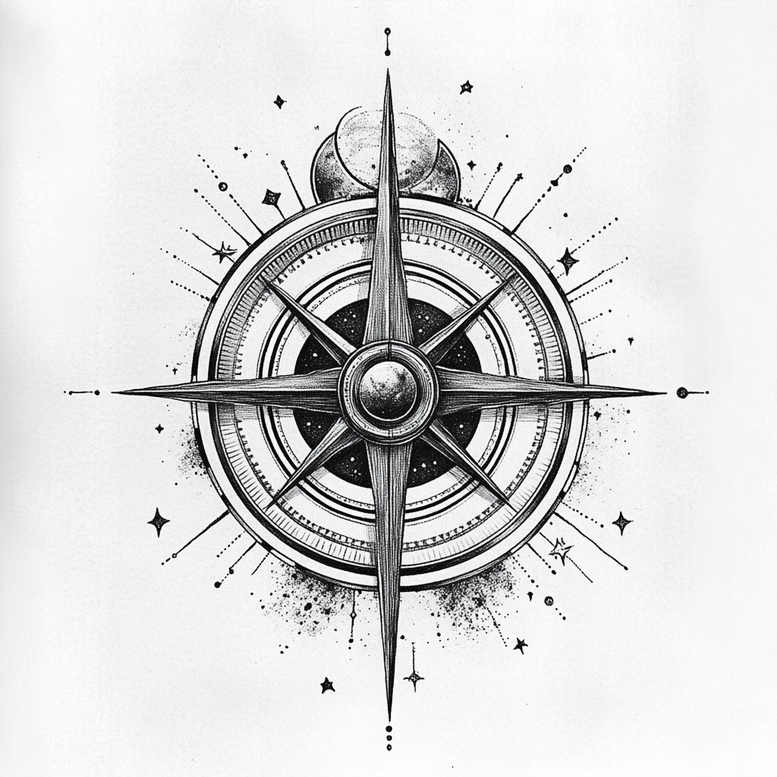 Compass, ring, circle, moon, and star in black and grey ink; tattoo project idea; not specifically suitable for cover-up.