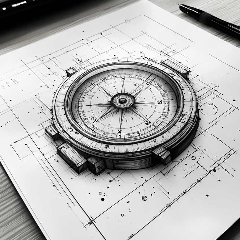Compass tattoo on white paper with blueprint lines, black and grey ink; tattoo project; not specifically for cover-up.