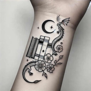 Forearm tattoo in black and grey showing dragon, books, flowers, crescent moon and stars; project idea; not ideal for cover-up.