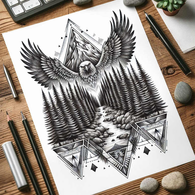Black and grey eagle with outstretched wings above pine trees and mountains, river and rocks, framed by geometric triangles; a tattoo design concept, ideal for a cover-up.