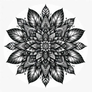 Black and grey mandala flower with layered petals and central circle; visible elements: flower, petal, circle; project idea; cover-up-ready.